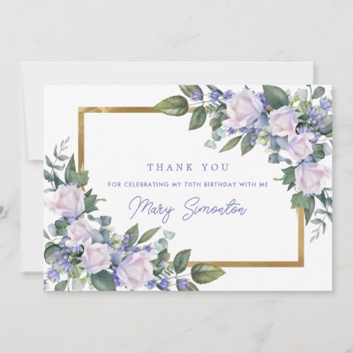 Blue White Floral 70th Birthday Photo Flat Thank You Card