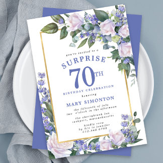 Blue White Floral 70th Birthday Surprise Party Invitation