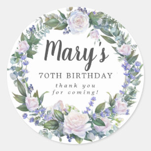 Blue White Floral 70th Birthday Thank You Classic Round Sticker