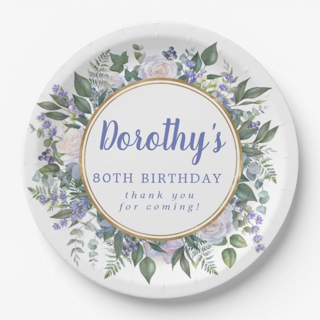 Blue White Floral 80th Birthday Party Paper Plates (Front)