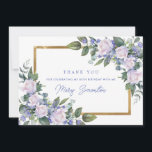 Blue White Floral 80th Birthday Photo Flat Thank You Card<br><div class="desc">Beautiful way to express your gratitude to family and friends. A lush botanical sprig of white roses and blue flowers create beautiful floral accents on two corners of the gold frame. Three lines of text let you personalize the front. Inside you can place your photo at the top and a...</div>