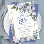 Blue White Floral 80th Birthday Surprise Party Invitation<br><div class="desc">Honor a special woman with this elegant and feminine 80th Birthday Surprise Party invitation. Surprise and the 80th are written in large blue text. Birthday Celebration follows. The honored guest's name is also in blue capital letters. The birthday celebration details are surrounded by a chic gold frame. The floral elements...</div>