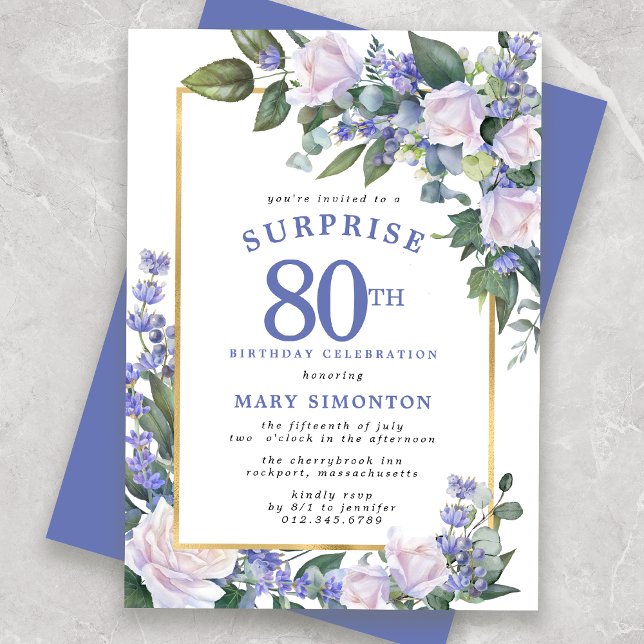 Blue White Floral 80th Birthday Surprise Party Invitation (Creator Uploaded)