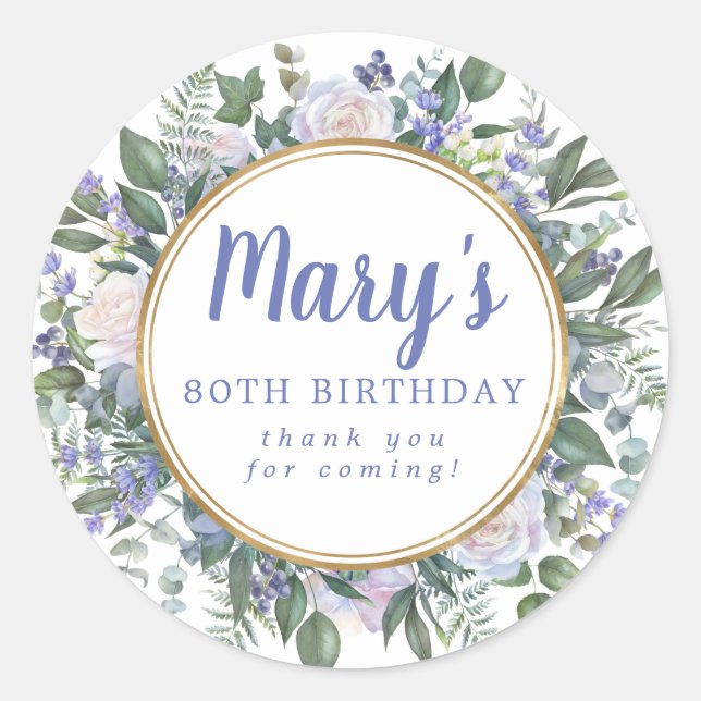 Blue White Floral 80th Birthday Thank You Classic Round Sticker (Front)