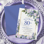 Blue White Floral 80th Surprise Birthday Brunch Invitation<br><div class="desc">Honor a special woman with this elegant and feminine 80th Surprise Birthday Brunch Party invitation. Surprise and 80th are written in large blue text. Birthday Brunch follows. The honored guest's name is also in blue capital letters. The birthday celebration details are surrounded by a chic gold frame. The floral elements...</div>