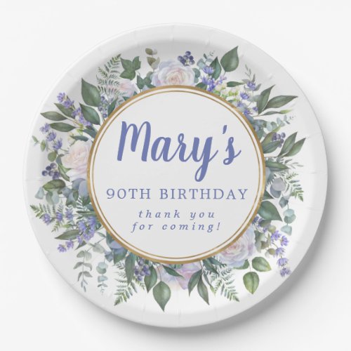 Blue White Floral 90th Birthday Party Paper Plates