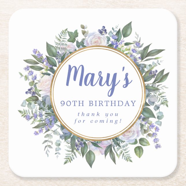 Blue White Floral 90th Birthday Party Square Paper Coaster (Front)