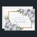 Blue White Floral 90th Birthday Photo Flat Thank You Card<br><div class="desc">Beautiful way to express your gratitude to family and friends. A lush botanical sprig of white roses and blue flowers create beautiful floral accents on two corners of the gold frame. Three lines of text let you personalize the front. Inside you can place your photo at the top and a...</div>