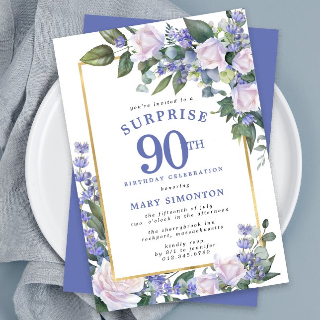 Blue White Floral 90th Birthday Surprise Party Invitation (Creator Uploaded)