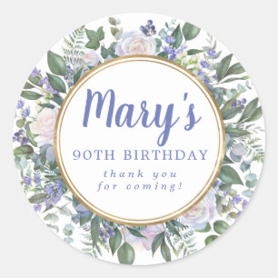 Blue White Floral 90th Birthday Thank You Classic Round Sticker