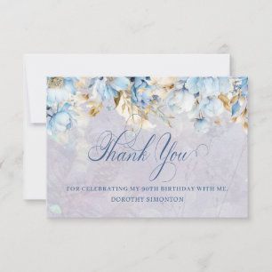 Blue White Floral 90th Birthday Thank You Flat Card