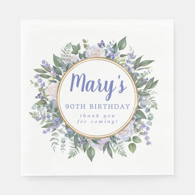 Blue White Floral 90th Birthday Thank You Napkins (Front)