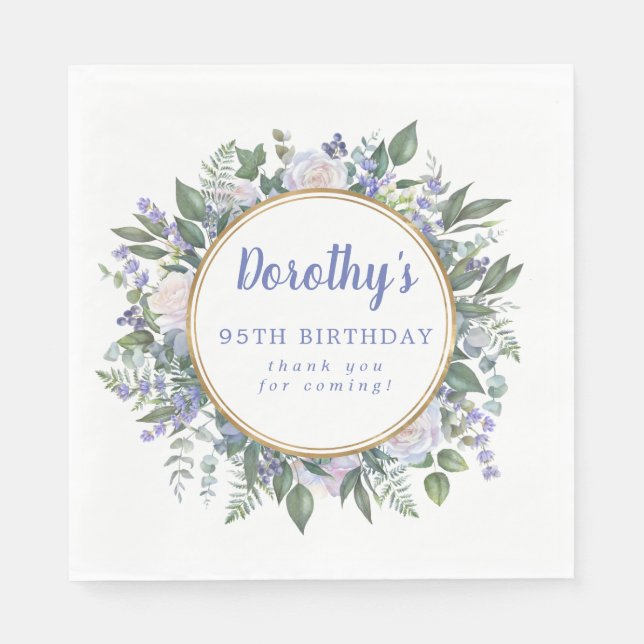Blue White Floral 95th Birthday Thank You Napkins (Front)