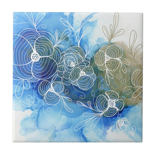 Blue White Floral Abstract 71 Ceramic Tile (Front)