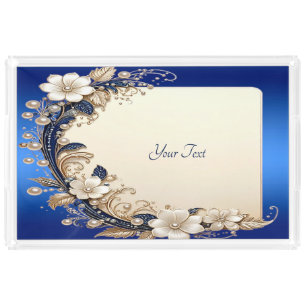 Blue White Floral Acrylic Vanity Tray