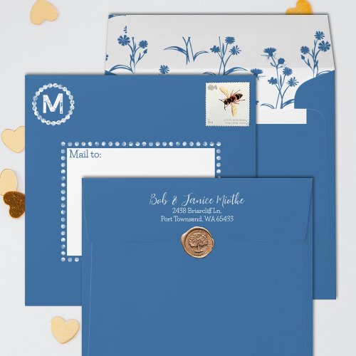 Blue White Floral Addressed Monogram Bat Mitzvah Envelope