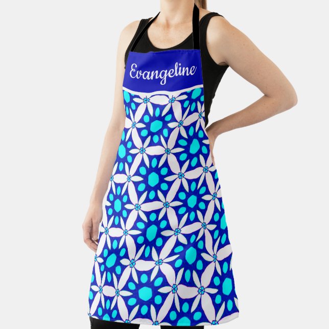 Blue White Floral All-Over Print Apron (Insitu)