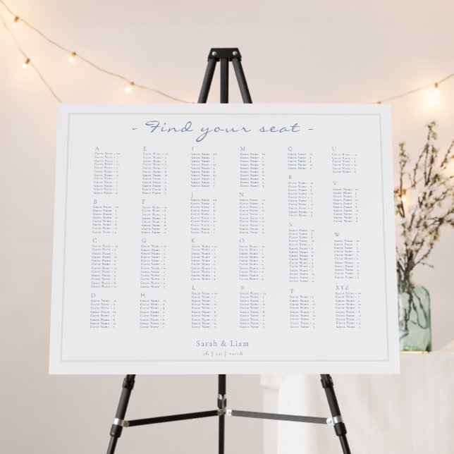 Blue & White Floral Alphabet Wedding Seat Chart  Foam Board (In Situ (Stand))
