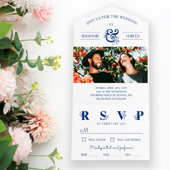 Blue White Floral Ampersand Photo Wedding All In One Invitation by Paperpaperpaper at Zazzle