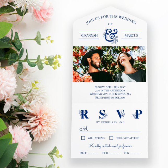 Blue White Floral Ampersand Photo Wedding All In One Invitation (Creator Uploaded)