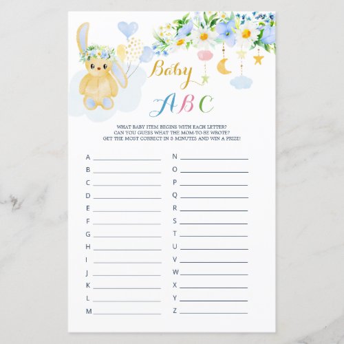 Blue White Floral Baby ABC Game Paper Sheet
