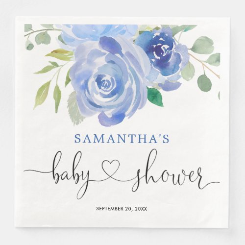 Blue white floral baby shower paper dinner napkins