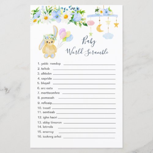 Blue White Floral Baby Word Scramble Paper Sheet