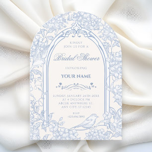 Blue white floral bird artistic bridal shower invitation