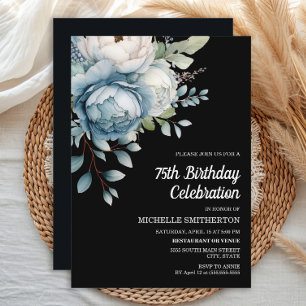 Blue White Floral Black Women's 75th Birthday Invitation