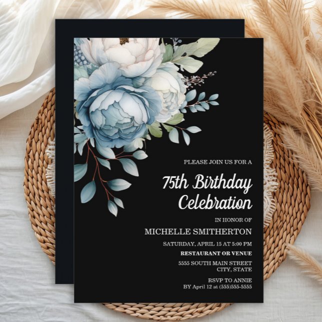 Blue White Floral Black Women's 75th Birthday Invitation (Dusty blue watercolor floral on elegant black 75th birthday party invitation.)