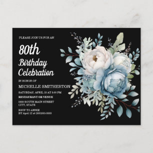 Blue White Floral Black Women's 80th Birthday Invitation Postcard