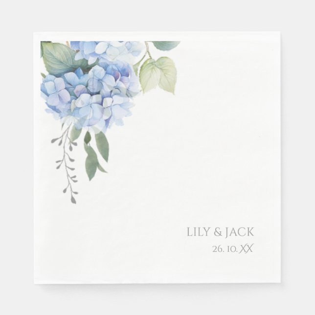Blue & White Floral Blue Hydrangea Wedding  Napkins (Front)