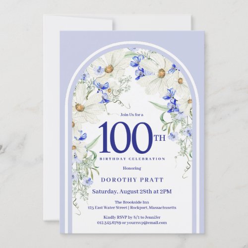 Blue White Floral Boho Arch 100th Birthday Party Invitation