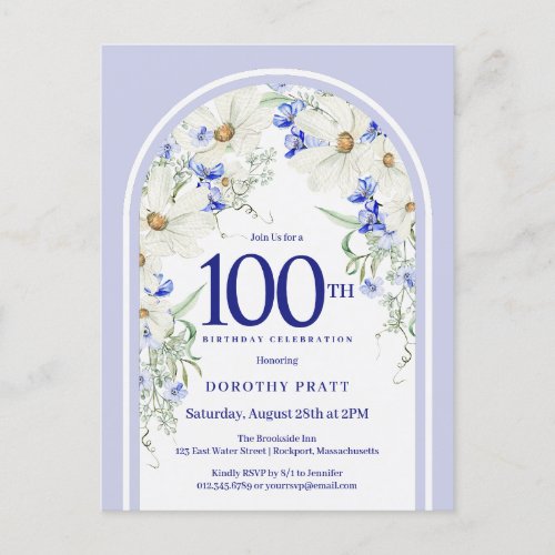 Blue White Floral Boho Arch 100th Birthday Party Postcard