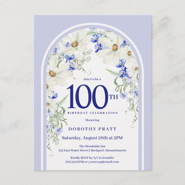 Blue White Floral Boho Arch 100th Birthday Party Postcard (Front)