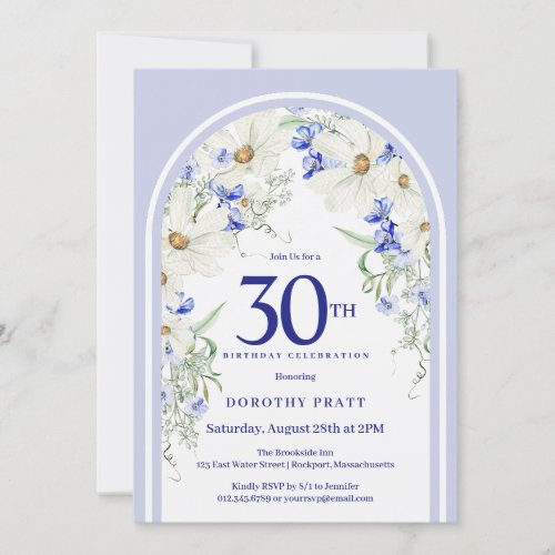 Blue White Floral Boho Arch 30th Birthday Party Invitation
