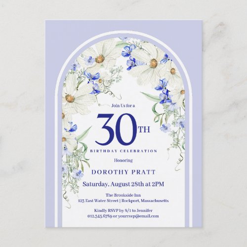 Blue White Floral Boho Arch 30th Birthday Party Postcard