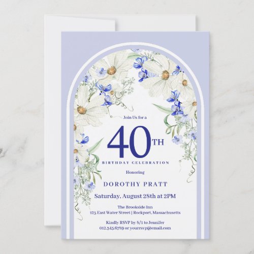Blue White Floral Boho Arch 40th Birthday Party Invitation