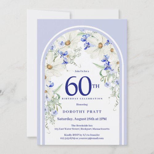 Blue White Floral Boho Arch 60th Birthday Party Invitation
