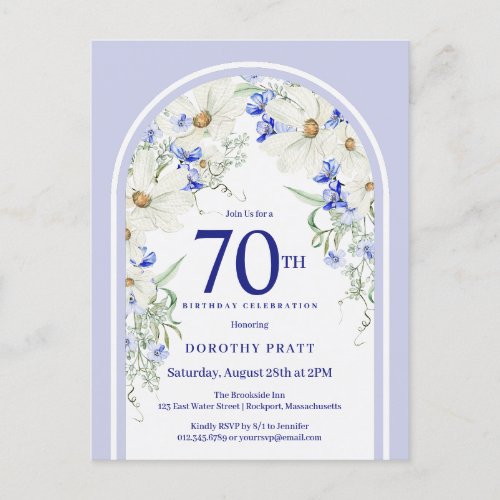 Blue White Floral Boho Arch 70th Birthday Party Postcard