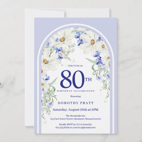 Blue White Floral Boho Arch 80th Birthday Party Invitation