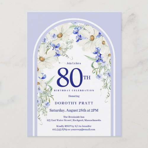 Blue White Floral Boho Arch 80th Birthday Party Postcard