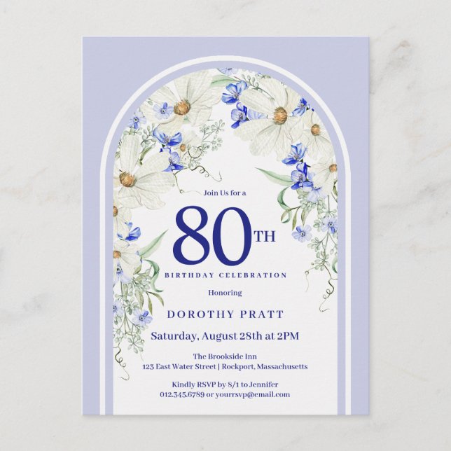Blue White Floral Boho Arch 80th Birthday Party Postcard (Front)