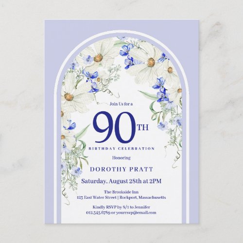 Blue White Floral Boho Arch 90th Birthday Party Postcard