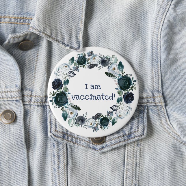 Blue White Floral Boho Wreath I Am Vaccinated Button (In Situ)