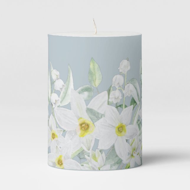 Blue White Floral Border Easter Pillar Candle (Front)