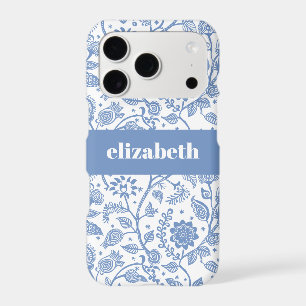 Blue White Floral Botanical Pattern Custom Name iPhone 17 Pro Case