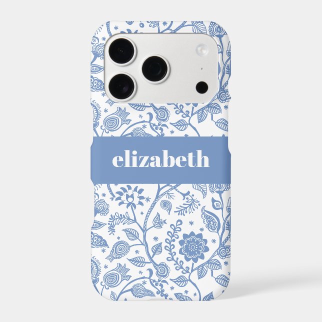 Blue White Floral Botanical Pattern Custom Name Case-Mate iPhone Case (Back)