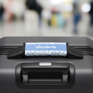 Blue White Floral Botanical Pattern Custom Name Luggage Handle Wrap
