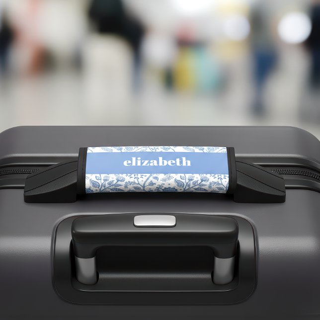 Blue White Floral Botanical Pattern Custom Name Luggage Handle Wrap (Creator Uploaded)